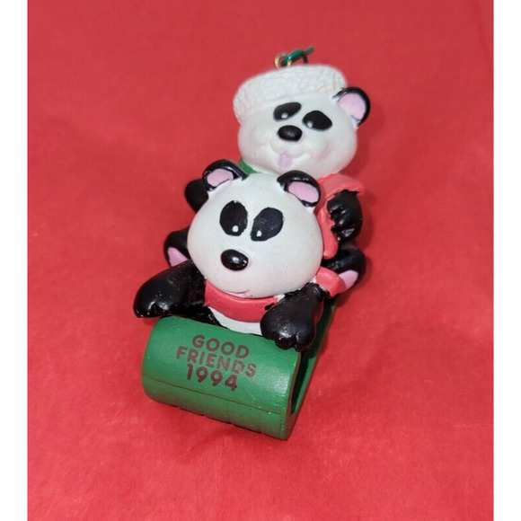 American Greeting Cards 1994 Good Friends Panda Bear Sledding Christmas Ornament - Picture 1 of 4